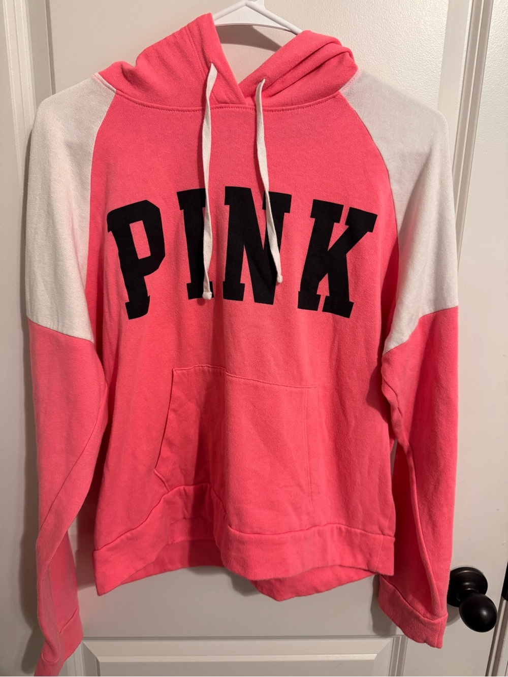 PINK Victoria's Secret Coral Pink Pullover Hoodie with White Sleeves